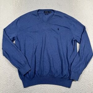 Polo Ralph Lauren Pima Cotton Sweater Mens 2XL Blue V-Neck Pullover Long‎ Sleeve